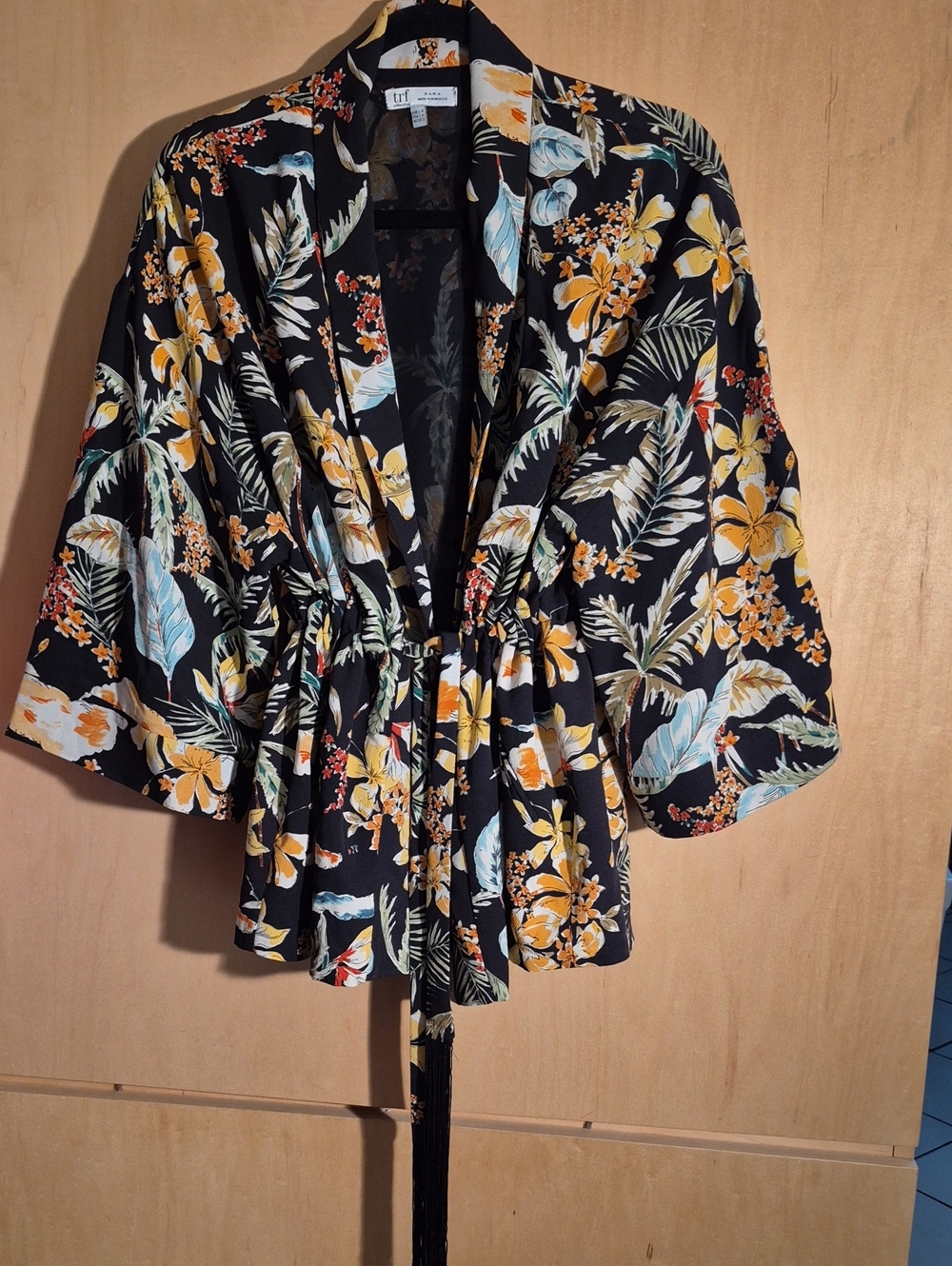 Zara Black Floral Tie-Waist Kimono Jacket with Yellow & Teal Print - Fringe Belt